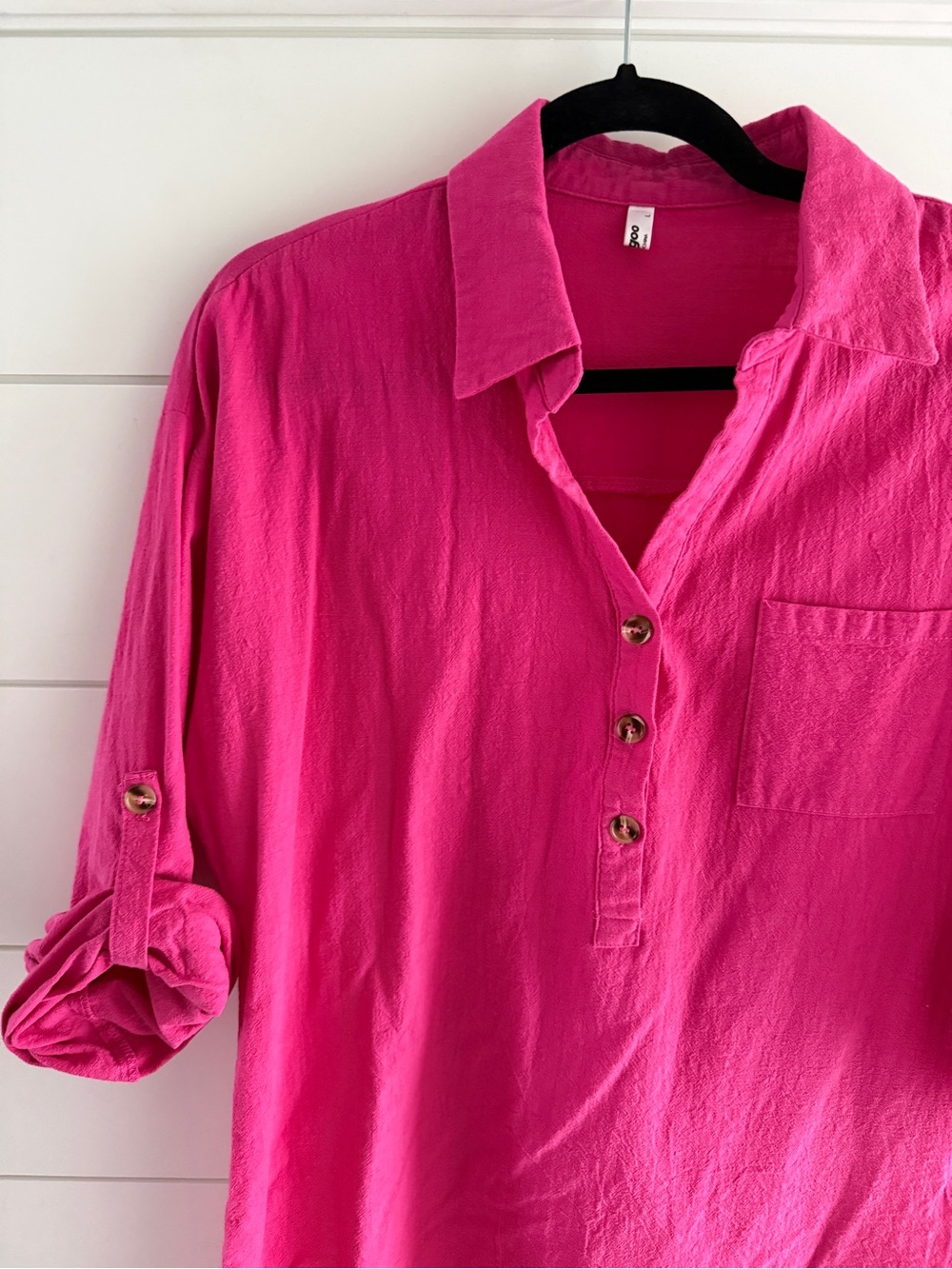 Zeagoo Hot Pink Buttoned Roll-Sleeve Tunic Dress, Size Large - Picture 2 of 7